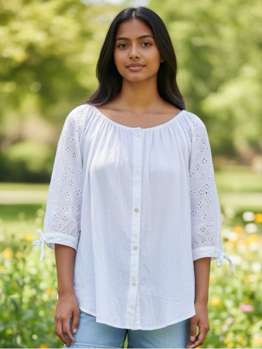 By design white gauzy 3/4 sleeve tunic blouse, eyelet embroidered sleeve